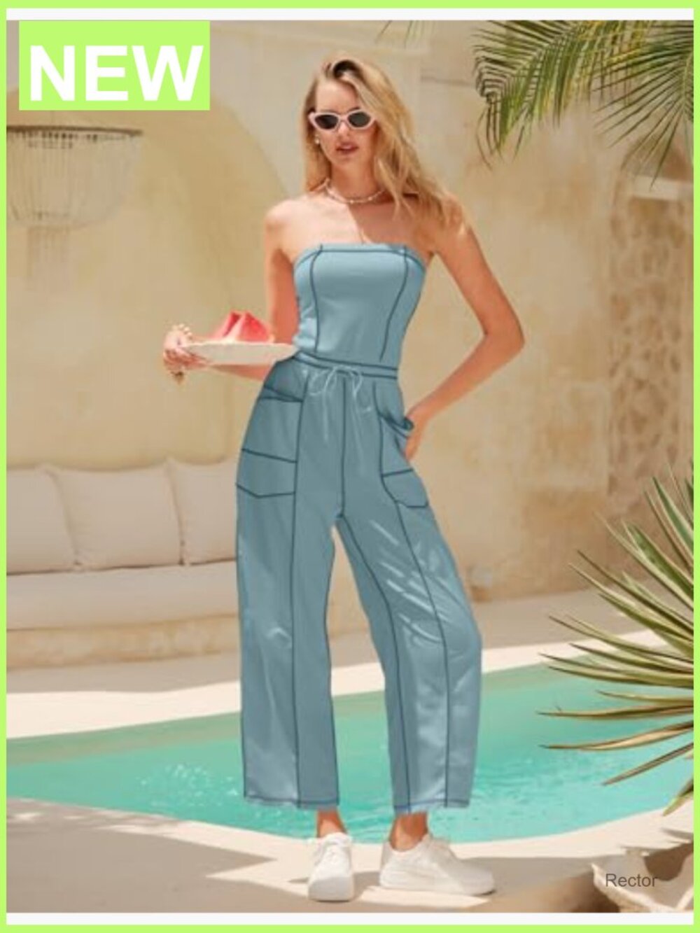 Off Shoulder Barrel Jumpsuit Loose Fit Romper with Pockets - Picture 6 of 7